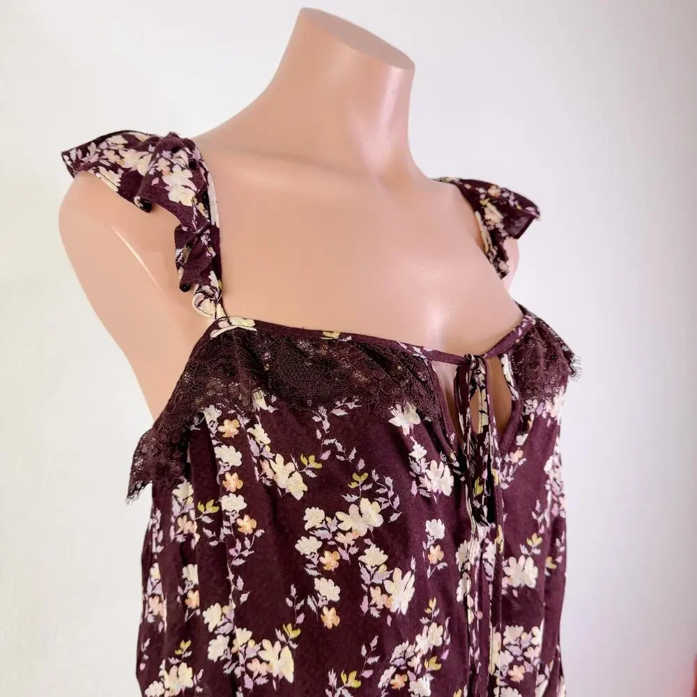 Free People Prairie Cottage Take It Away Lace Floral Bodysuit Top Brown sz S NWT